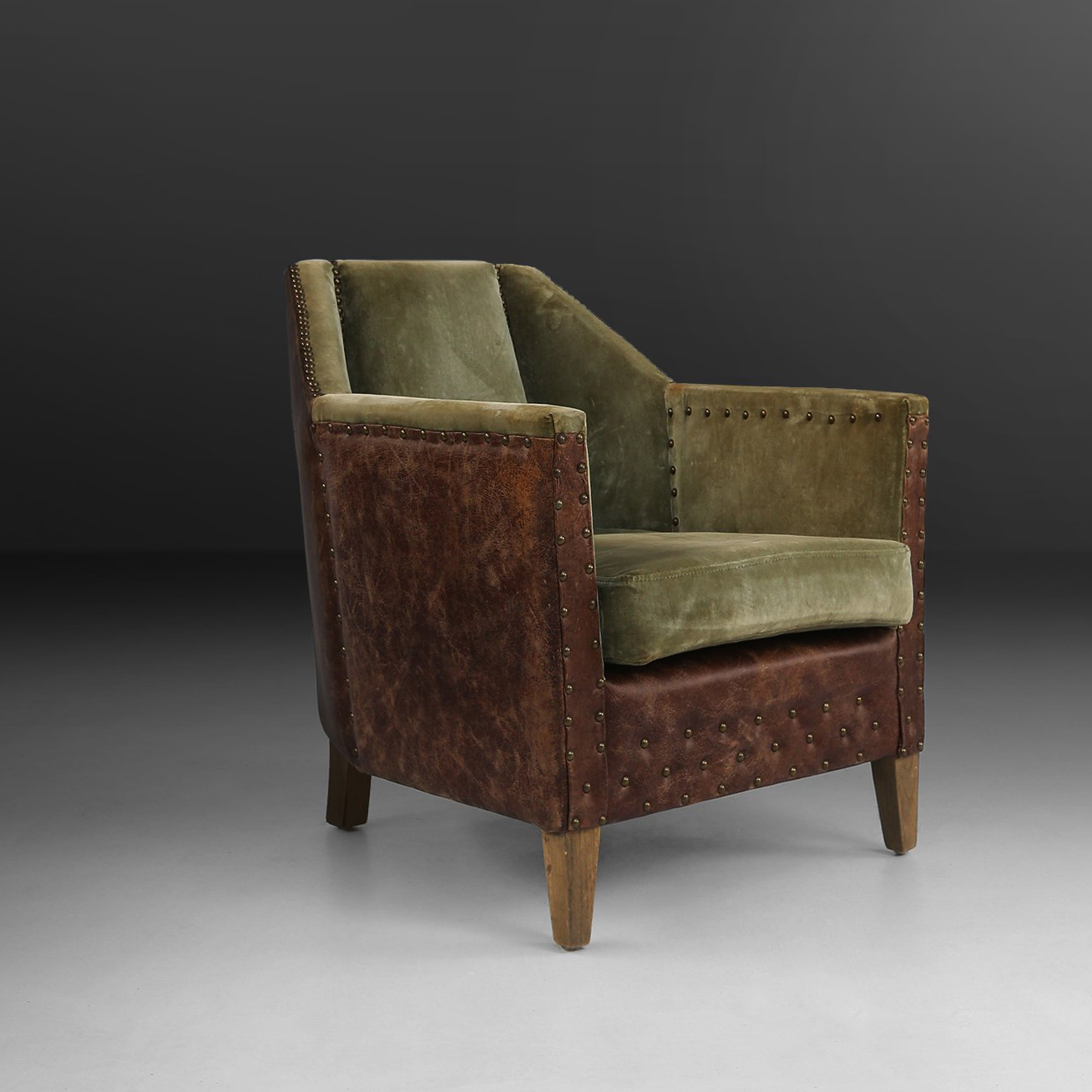 Art Deco Armchair in Green Velvet and Brown Leatherette, Belgium 1930sthumbnail